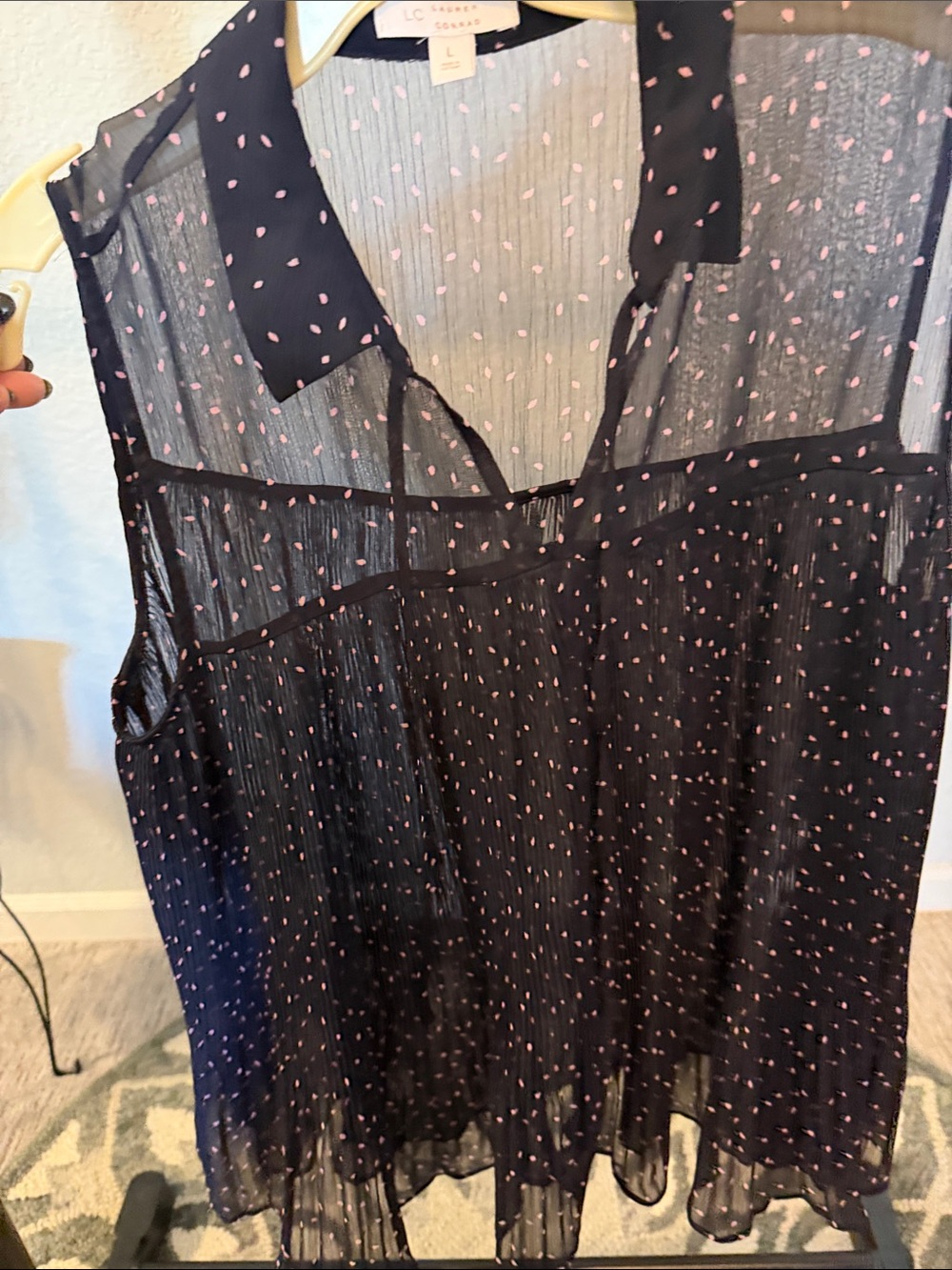 LC Lauren Conrad Black Sheer Sleeveless Blouse with Pink Dot Detail